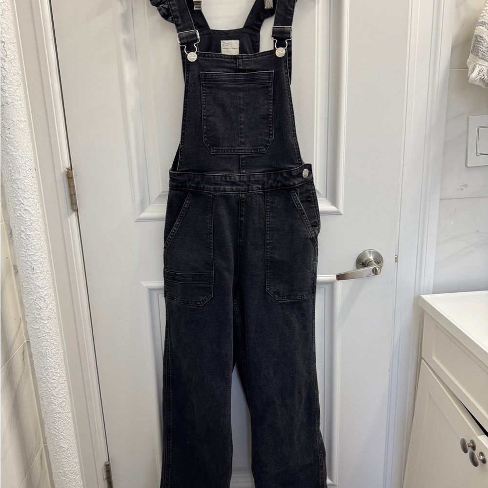 Seventy + mochi Anthropologie Charcoal Denim Jumpsuit with ruffle straps